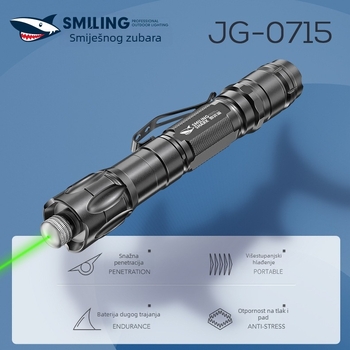 Smiling Shark Zeleni laserski baterijski flashlight – aluminijsko kućište, 2200 mAh punjiva baterija, LED svjetlo, zelena laserska dioda, domet ispod 50 m