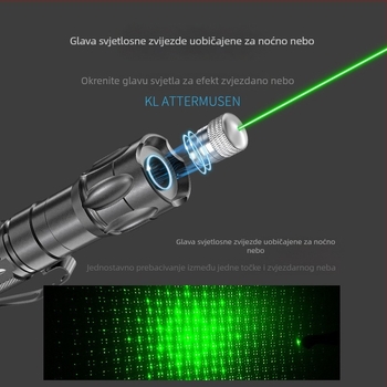 Smiling Shark Zeleni laserski baterijski flashlight – aluminijsko kućište, 2200 mAh punjiva baterija, LED svjetlo, zelena laserska dioda, domet ispod 50 m