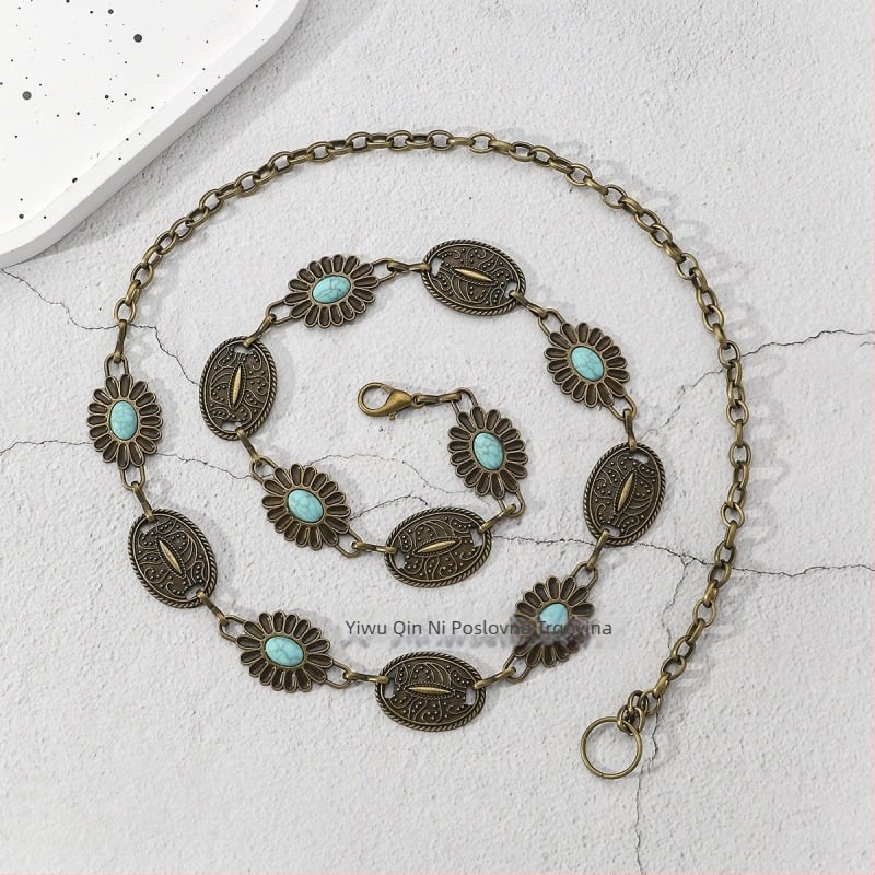 Ženski pojas-lanac od cinkovog legura s resama, vintage all-match stil, duljina 105–110 cm, širina 2,3–5,2 cm