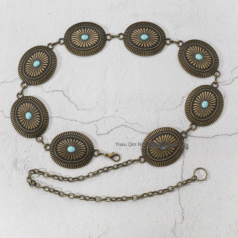 Ženski pojas-lanac od cinkovog legura s resama, vintage all-match stil, duljina 105–110 cm, širina 2,3–5,2 cm