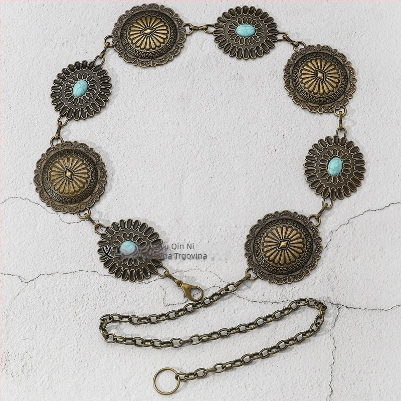 Ženski pojas-lanac od cinkovog legura s resama, vintage all-match stil, duljina 105–110 cm, širina 2,3–5,2 cm