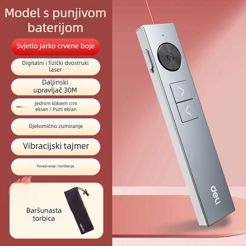 Deli 50682W Pero za prebacivanje stranica s PPT daljinskim upravljačem, sa povećalom, višefunkcijsko lasersko pero, domet 200 m, 650 nm, punjiva litijska baterija