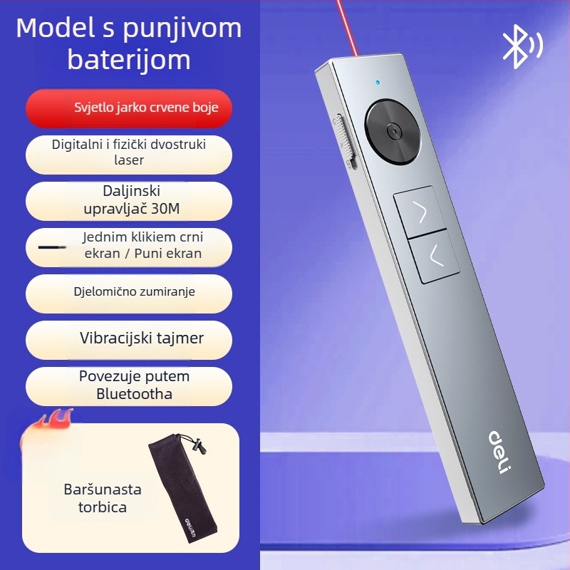 Deli 50682W Pero za prebacivanje stranica s PPT daljinskim upravljačem, sa povećalom, višefunkcijsko lasersko pero, domet 200 m, 650 nm, punjiva litijska baterija