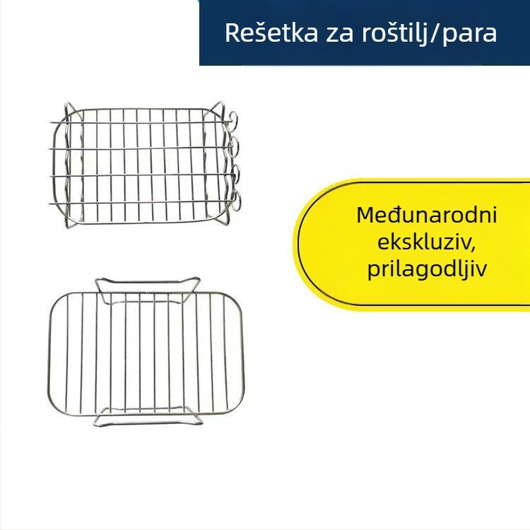 Set dodatne opreme za kućni roštilj za zraku-frit; nehrđajući čelik; četvrtastog oblika; uključuje roštilj, parni stalak, parni stalak s roštiljem (uključujući iglu) i iglu