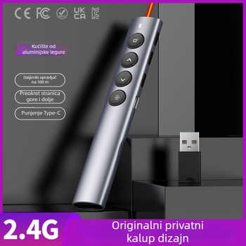 Bežični pokazivač za nastavu od aluminijske legure, 2.4G/Bluetooth, laserska udaljenost 100 m, duljina valne lasera 650 nm, baterija 180 mA