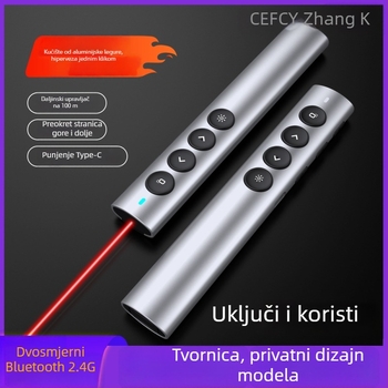Bežični pokazivač za nastavu od aluminijske legure, 2.4G/Bluetooth, laserska udaljenost 100 m, duljina valne lasera 650 nm, baterija 180 mA