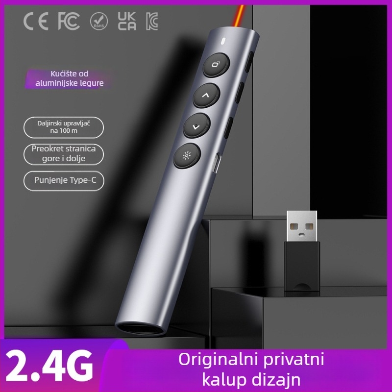 Bežični pokazivač za nastavu od aluminijske legure, 2.4G/Bluetooth, laserska udaljenost 100 m, duljina valne lasera 650 nm, baterija 180 mA