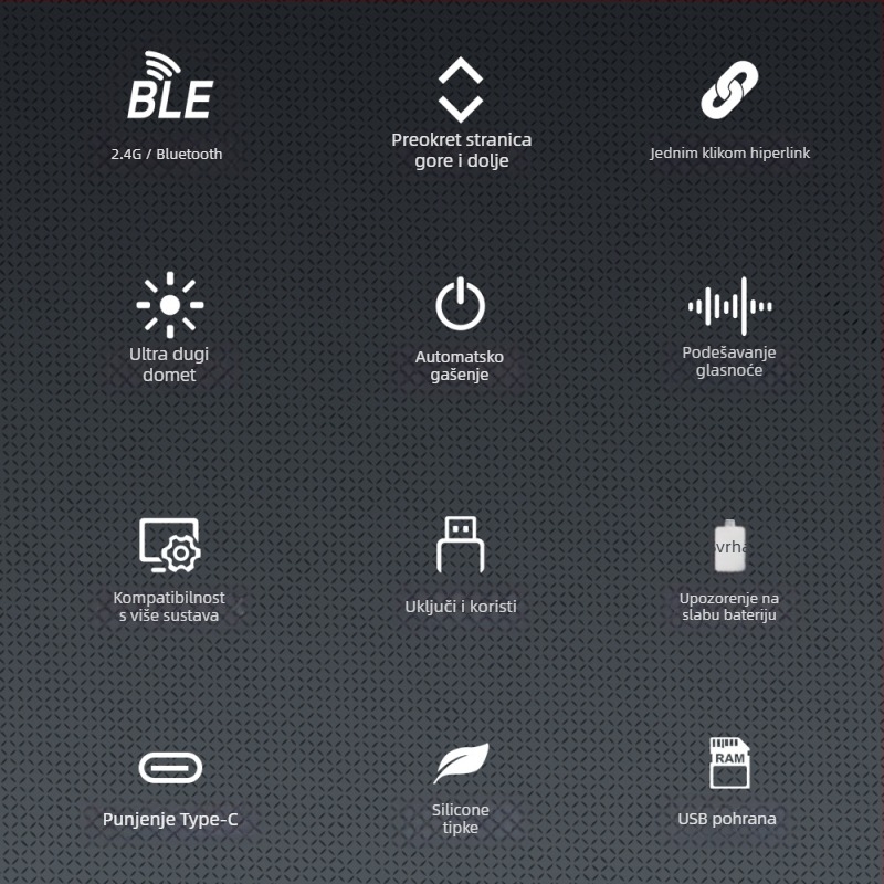 Bežični pokazivač za nastavu od aluminijske legure, 2.4G/Bluetooth, laserska udaljenost 100 m, duljina valne lasera 650 nm, baterija 180 mA