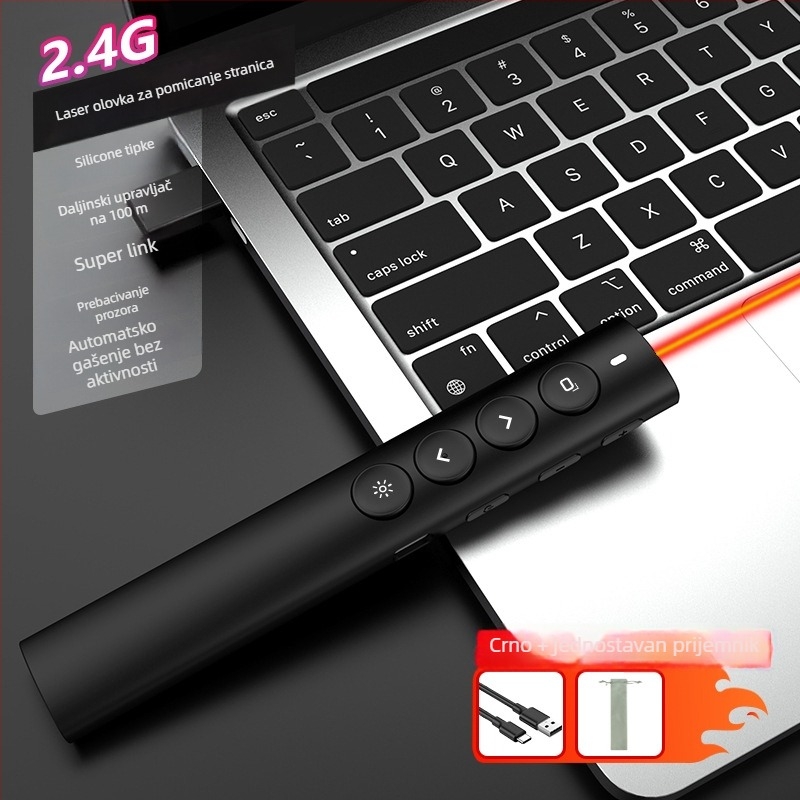 Bežični pokazivač za nastavu od aluminijske legure, 2.4G/Bluetooth, laserska udaljenost 100 m, duljina valne lasera 650 nm, baterija 180 mA