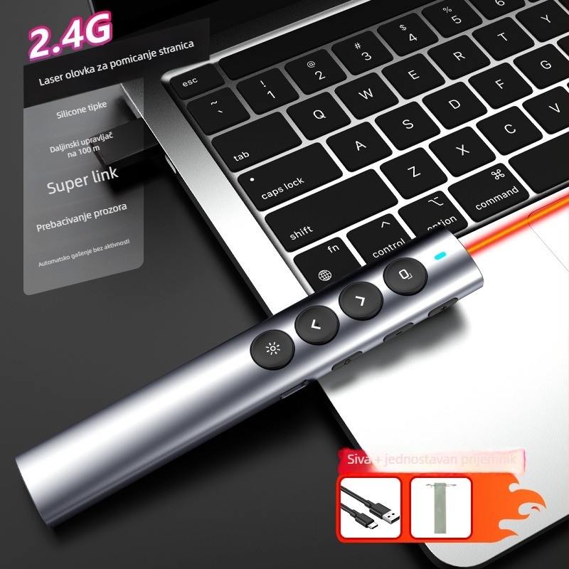 Bežični pokazivač za nastavu od aluminijske legure, 2.4G/Bluetooth, laserska udaljenost 100 m, duljina valne lasera 650 nm, baterija 180 mA