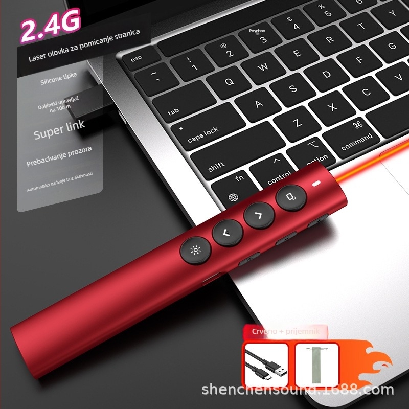 Bežični pokazivač za nastavu od aluminijske legure, 2.4G/Bluetooth, laserska udaljenost 100 m, duljina valne lasera 650 nm, baterija 180 mA