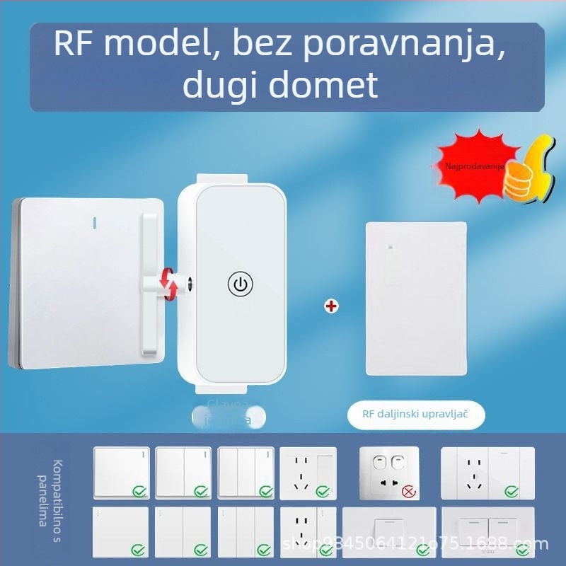 Bežični prekidač s daljinskim upravljačem — za unutarnju upotrebu; (Brand: Prilagodljivo; Tip: bežični daljinski upravljač; Tip prekidača: prekidač s daljinskim upravljačem; Radna temperatura: Normalni uvjeti stanovanja; Opseg primjene: Unutarnje)
