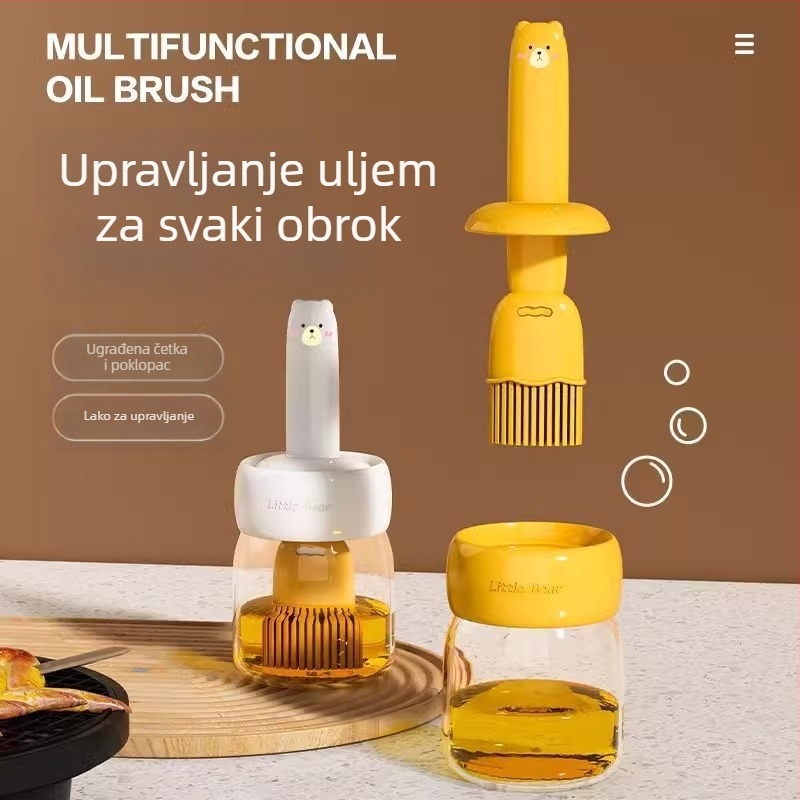 Četka za ulje za roštilj s integriranom staklenom posudom za ulje, otporna na visoke temperature, prehrambene kvalitete, PP čekinja, silikon drška