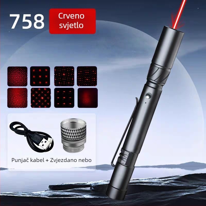 Mini laserska svjetiljka s USB punjenjem, dugi domet i velika snaga; udaljenost lasera 1 km, duljina vala 532 nm, ugrađena litijska baterija