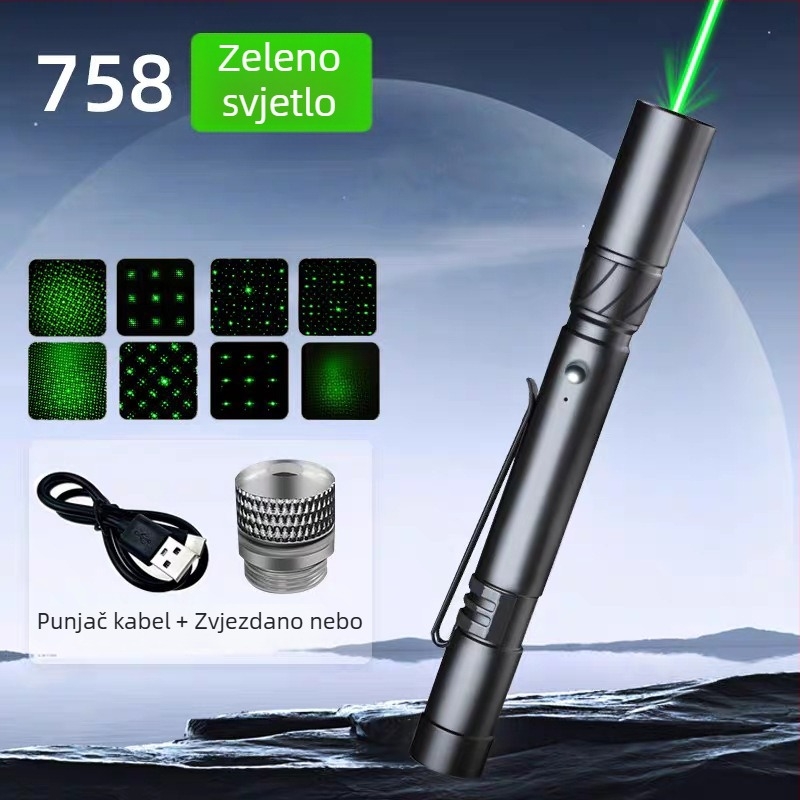 Mini laserska svjetiljka s USB punjenjem, dugi domet i velika snaga; udaljenost lasera 1 km, duljina vala 532 nm, ugrađena litijska baterija