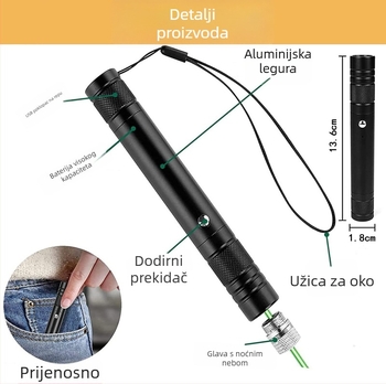 Laser pokazivač + aluminijska legura + dvobojno svjetlo + tisak logotipa dostupan + prilagodba dostupna (Materijal: aluminijska legura; Vrsta svjetla: dvobojna; Tisak logotipa: dostupan; Prilagodba: dostupna)