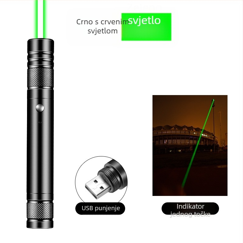 Laser pokazivač + aluminijska legura + dvobojno svjetlo + tisak logotipa dostupan + prilagodba dostupna (Materijal: aluminijska legura; Vrsta svjetla: dvobojna; Tisak logotipa: dostupan; Prilagodba: dostupna)