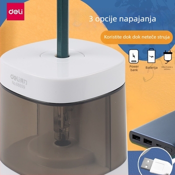 Električni oštrivač olovaka, Deli, model 68665686706866968658a, plastično kućište, tri brzine: grubo/srednje/fino