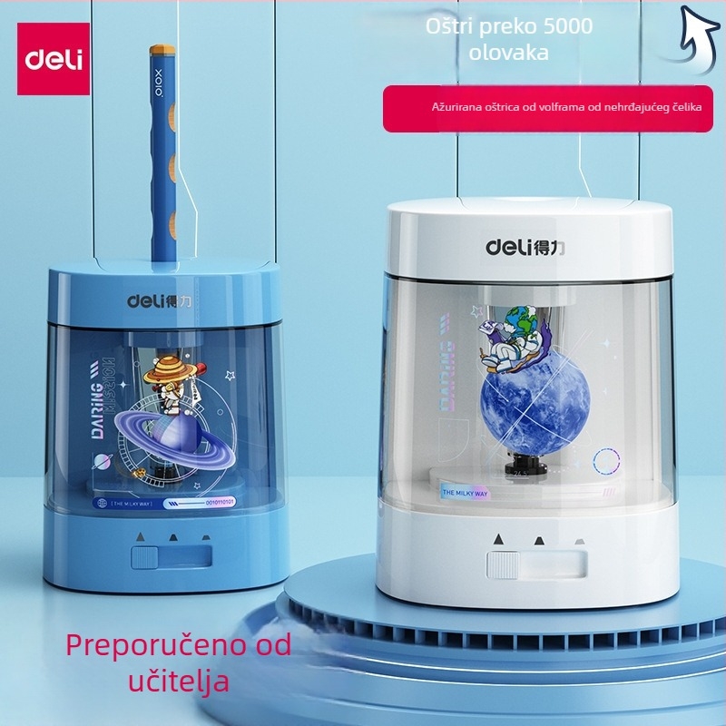 Električni oštrivač olovaka, Deli, model 68665686706866968658a, plastično kućište, tri brzine: grubo/srednje/fino