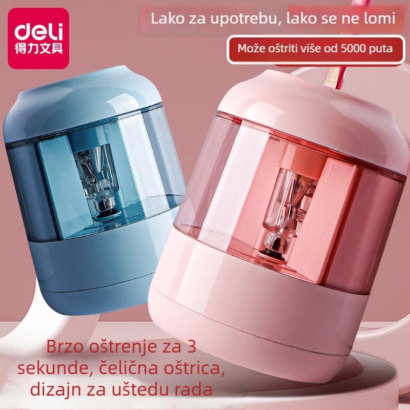 Električni oštrivač olovaka, Deli, model 68665686706866968658a, plastično kućište, tri brzine: grubo/srednje/fino
