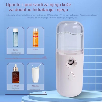 Nano sprej za hidrataciju lica — ručni prijenosni magličasti sprej, hladan sprej, 1. brzina, ugrađena baterija 100–300 mAh, trajanje magle do 10 s, autonomija 1–3 h