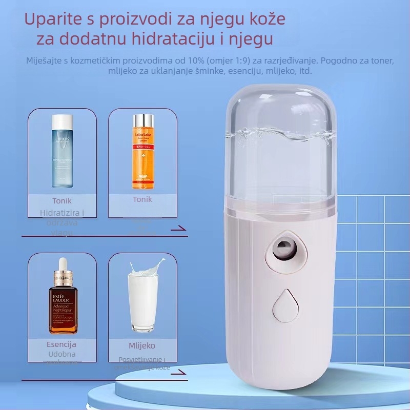Nano sprej za hidrataciju lica — ručni prijenosni magličasti sprej, hladan sprej, 1. brzina, ugrađena baterija 100–300 mAh, trajanje magle do 10 s, autonomija 1–3 h