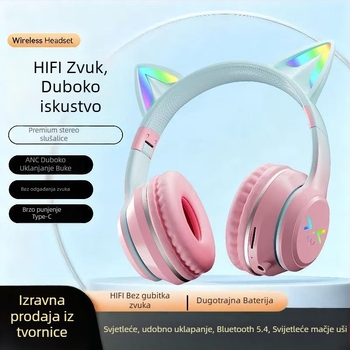 Bežične slušalice s trakom za glavu i svjetlećim mačjim ušima, Bluetooth 5.4, domet 10 m, trajanje baterije 8 sati, višestruko spajanje