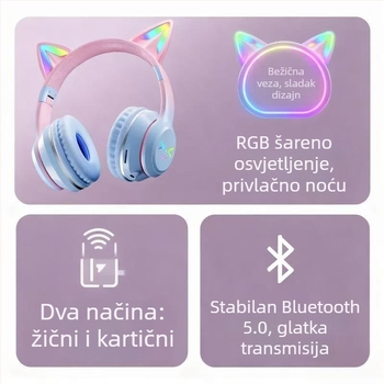 Bežične slušalice s trakom za glavu i svjetlećim mačjim ušima, Bluetooth 5.4, domet 10 m, trajanje baterije 8 sati, višestruko spajanje