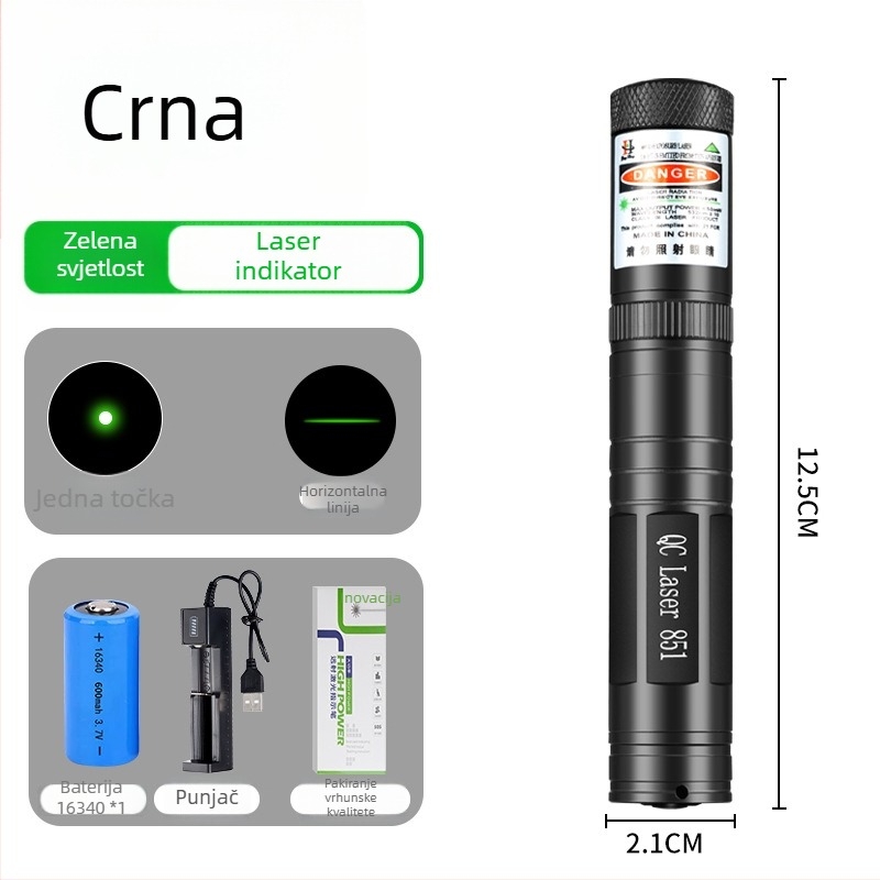 Laser pero sa križnim snopom i pravokutnim nivijanjem - 532 nm, domet 1 km, baterija 16340