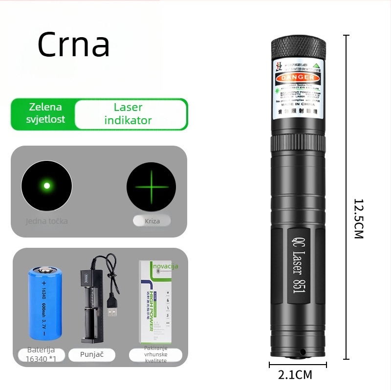 Laser pero sa križnim snopom i pravokutnim nivijanjem - 532 nm, domet 1 km, baterija 16340