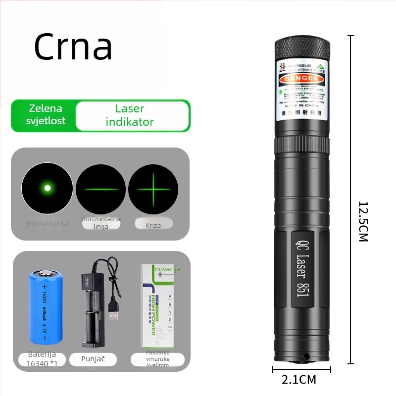 Laser pero sa križnim snopom i pravokutnim nivijanjem - 532 nm, domet 1 km, baterija 16340