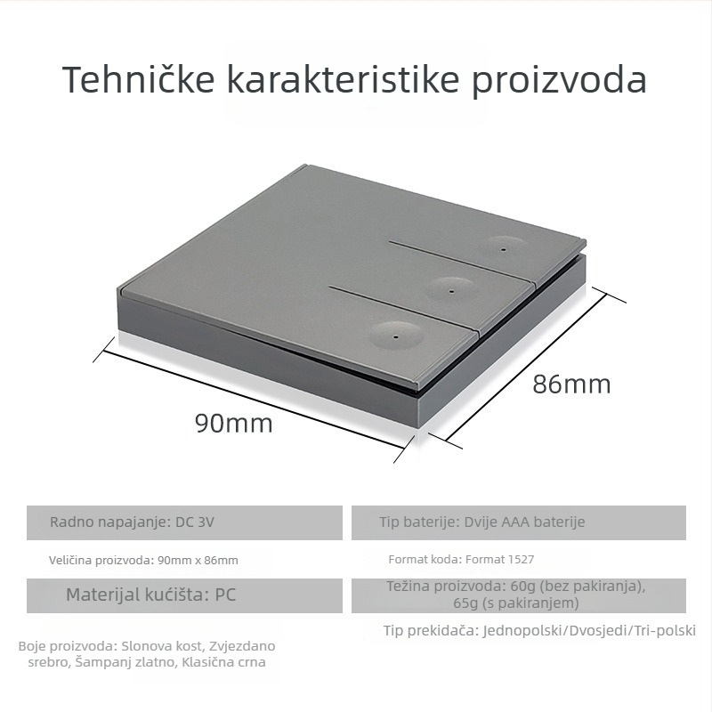 RF433 Bežični zidni panel prekidač, tip 86, s daljinskim upravljačem, 65 g, -40°C do +70°C, za kućne usisavače