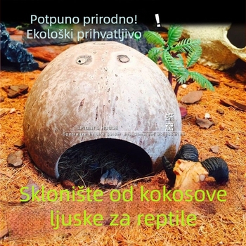 Natural coconut shell reptile cave hideout for lizards, geckos, spiders, snakes, scorpions, hamsters, centipedes and hermit crabs; material: coconut shell; purpose: reptile and small-pet habitat; imported: No
