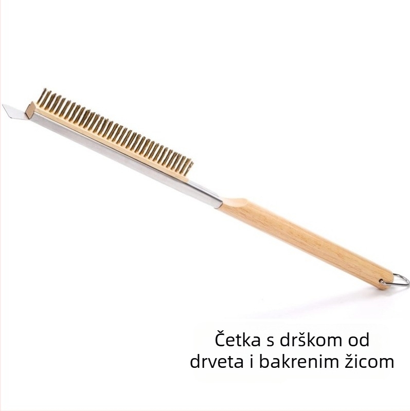 Četka za roštilj pizze s bakrenim žicom i drvenom drškom za čišćenje kamene peći