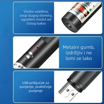 Zeleni laserski pokazivač, dužina 9 cm, 532 nm, punjiva baterija, kompaktna svjetiljka