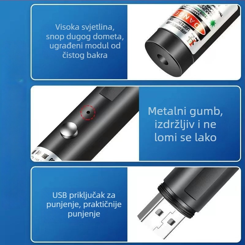 Zeleni laserski pokazivač, dužina 9 cm, 532 nm, punjiva baterija, kompaktna svjetiljka