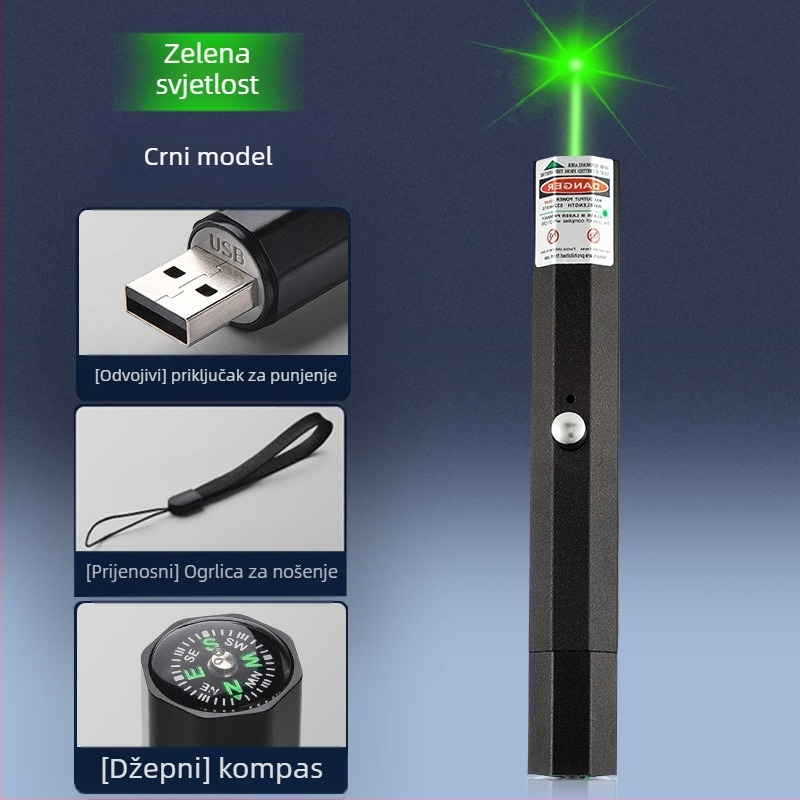 USB punjivi laserski pokazivač s metalnim kućištem, laser s dvije valne duljine, ispis logotipa i opcija privatne marke