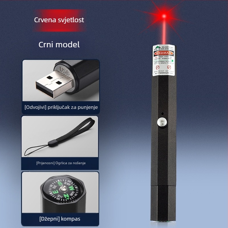 USB punjivi laserski pokazivač s metalnim kućištem, laser s dvije valne duljine, ispis logotipa i opcija privatne marke
