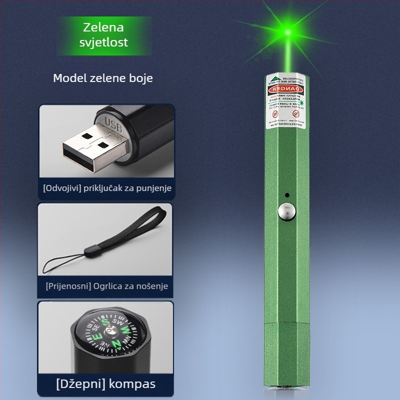 USB punjivi laserski pokazivač s metalnim kućištem, laser s dvije valne duljine, ispis logotipa i opcija privatne marke