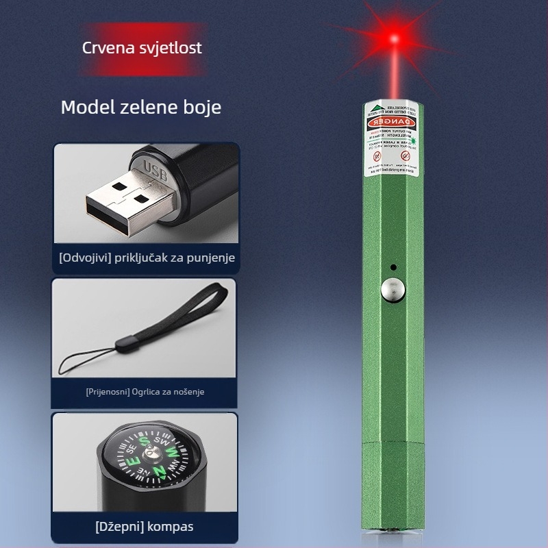 USB punjivi laserski pokazivač s metalnim kućištem, laser s dvije valne duljine, ispis logotipa i opcija privatne marke