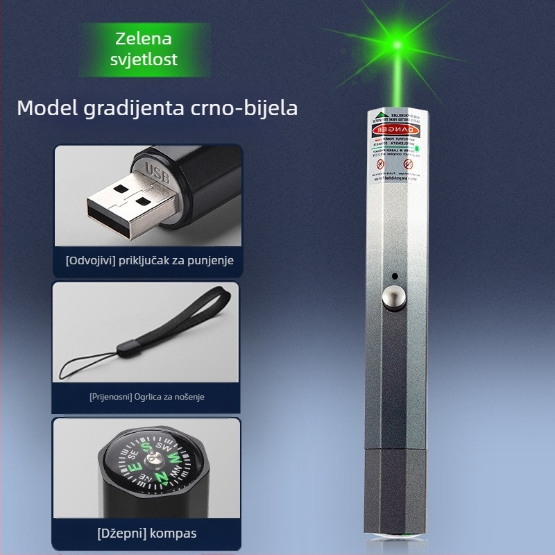USB punjivi laserski pokazivač s metalnim kućištem, laser s dvije valne duljine, ispis logotipa i opcija privatne marke