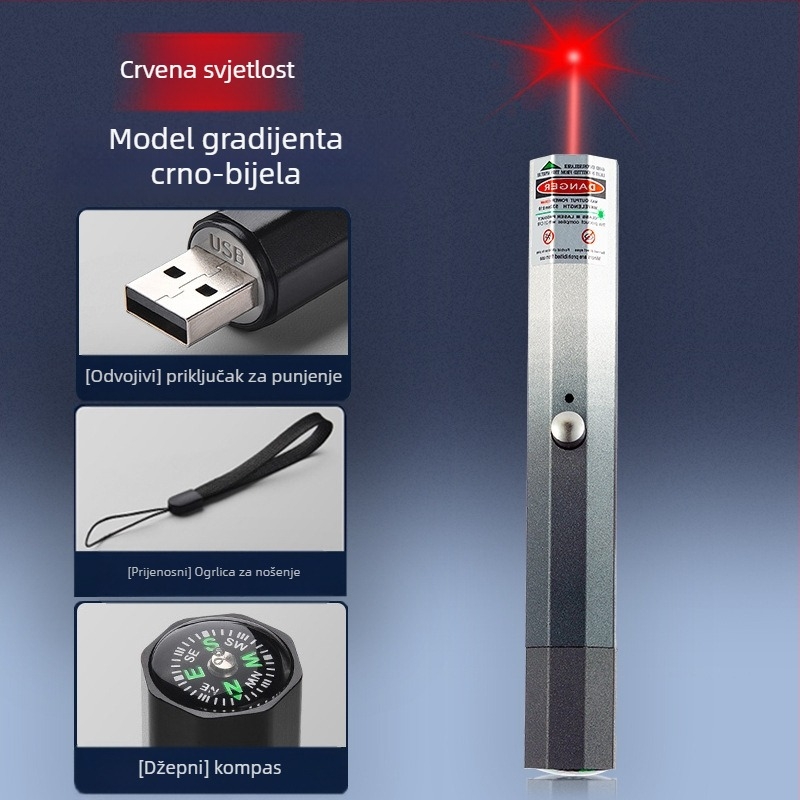 USB punjivi laserski pokazivač s metalnim kućištem, laser s dvije valne duljine, ispis logotipa i opcija privatne marke