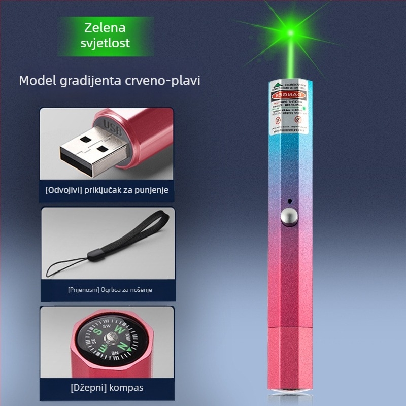 USB punjivi laserski pokazivač s metalnim kućištem, laser s dvije valne duljine, ispis logotipa i opcija privatne marke
