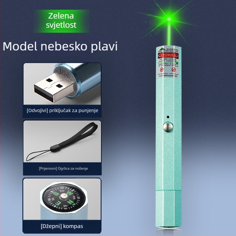 USB punjivi laserski pokazivač s metalnim kućištem, laser s dvije valne duljine, ispis logotipa i opcija privatne marke