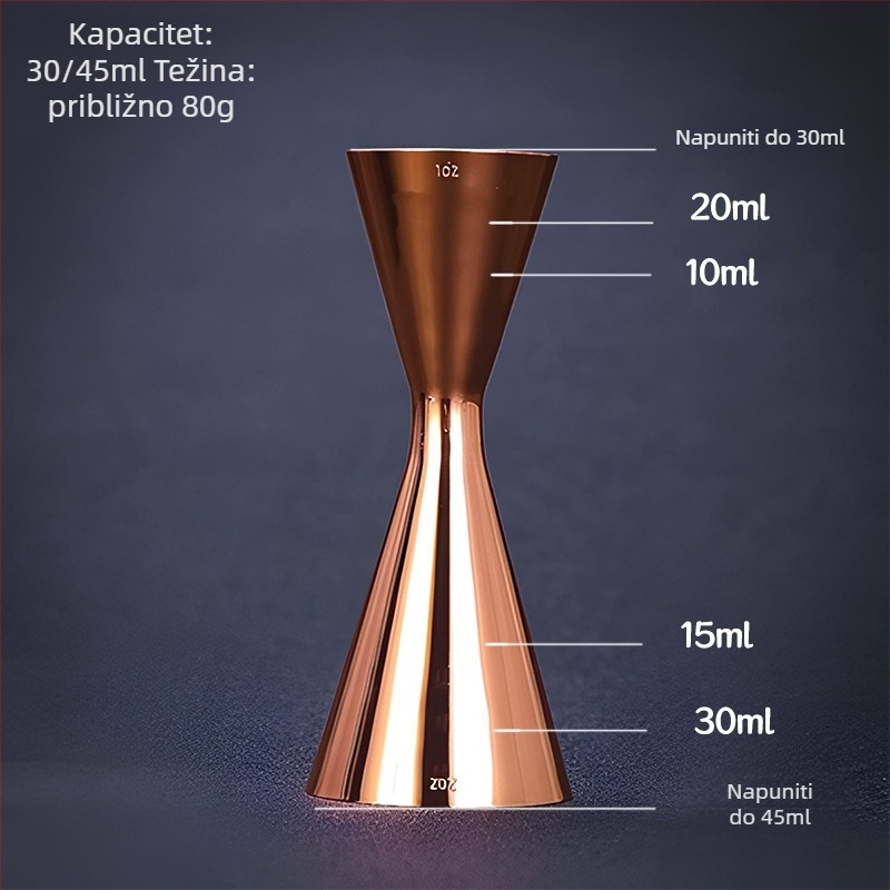 Čašica za koktele od 304 nehrđajućeg čelika, dvostruka glavа za mjerenje unci, jedinstven dizajn, moderan minimalistički stil, lansirana 2018., težina 100