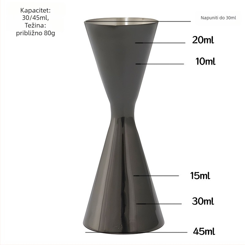 Čašica za koktele od 304 nehrđajućeg čelika, dvostruka glavа za mjerenje unci, jedinstven dizajn, moderan minimalistički stil, lansirana 2018., težina 100