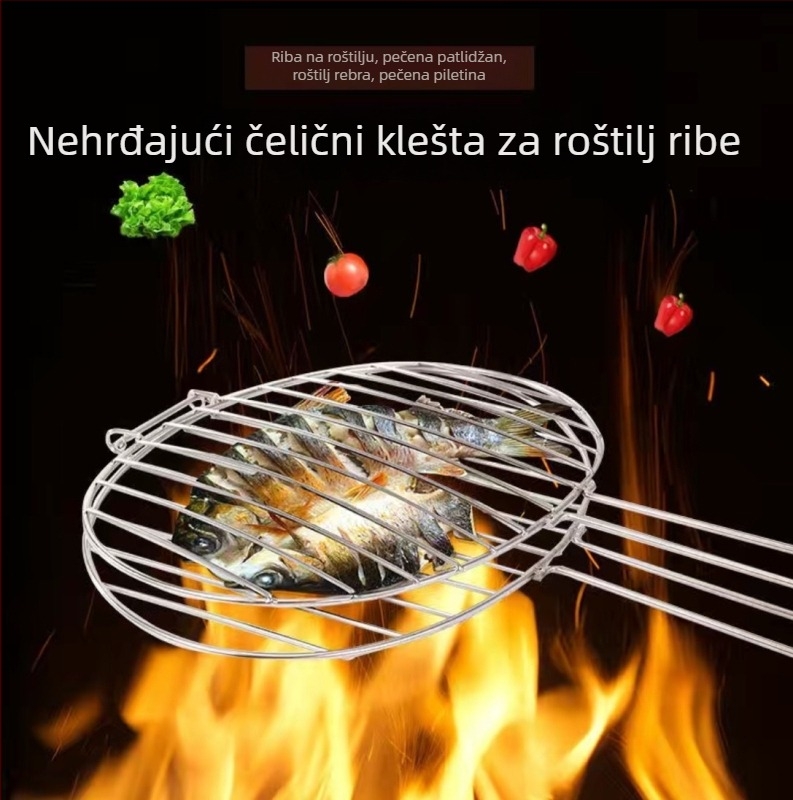 Klip za ribu za roštilj — okrugli oblik, nehrđajući čelik, višefunkcionalan, prijenosan i sklopiv; težina 1 kg; kategorija: mreža za roštilj