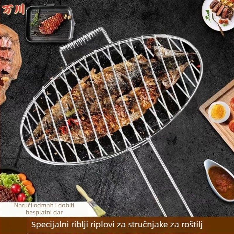 Klip za ribu za roštilj — okrugli oblik, nehrđajući čelik, višefunkcionalan, prijenosan i sklopiv; težina 1 kg; kategorija: mreža za roštilj