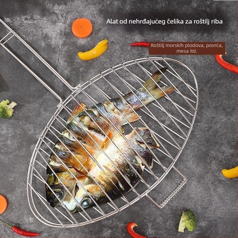 Klip za ribu za roštilj — okrugli oblik, nehrđajući čelik, višefunkcionalan, prijenosan i sklopiv; težina 1 kg; kategorija: mreža za roštilj