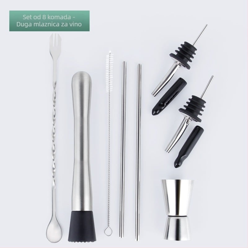 Set pribora za bar od nehrđajućeg čelika s koktel alatima — žlica za miješanje, mjerni čašice, vrč za vino, slamke i otvarač boca; dostupan u 2/3/5/8/9-dijelnih setova; lansiran ljeto 2024.